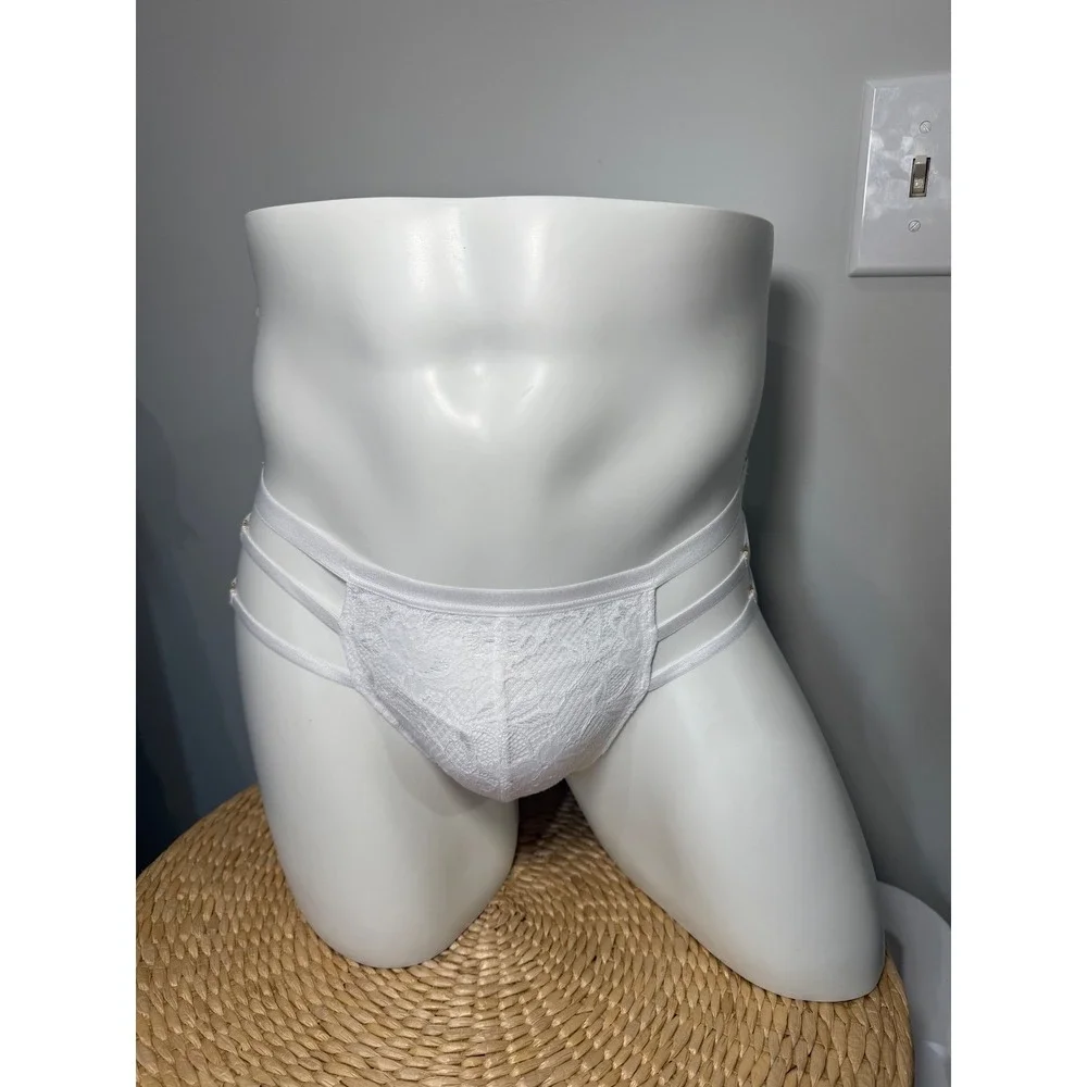 Cosabella White Strappy Italian Lace Thong Men's Floral Lace‎ Gold Hardware L